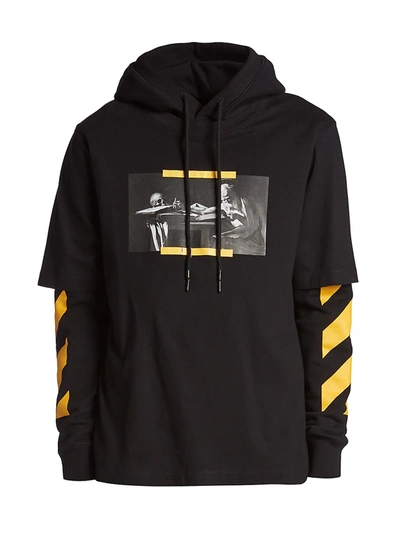 Shop Off-white Men's Carvaggio's "st. Jerome Writing" Layered Cotton Hoodie In Black Multi