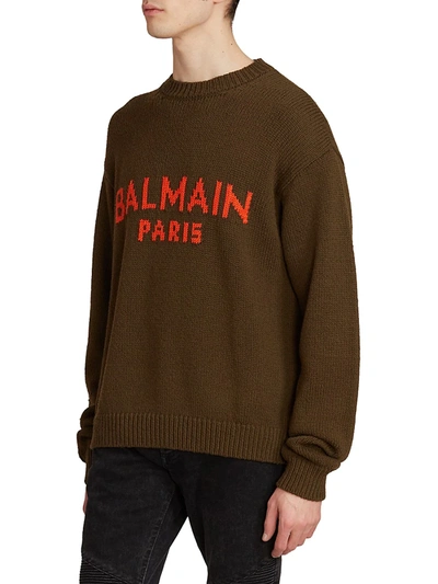 Shop Balmain Logo Print Merino Wool Sweater In Olive Green
