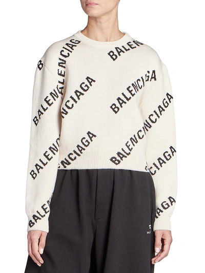 Balenciaga Off-white Cropped Allover Logo Sweater | ModeSens