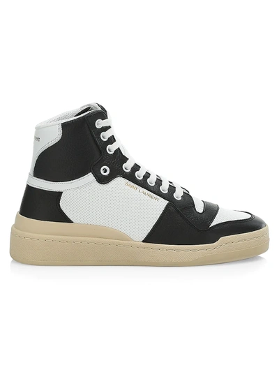 Shop Saint Laurent Sl24 High-top Perforated Leather Sneakers In Blanc Optique Nero