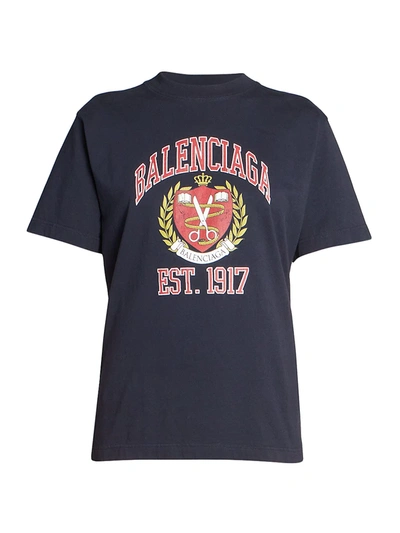 Shop Balenciaga Logo Cotton T-shirt In Marine Blue Red