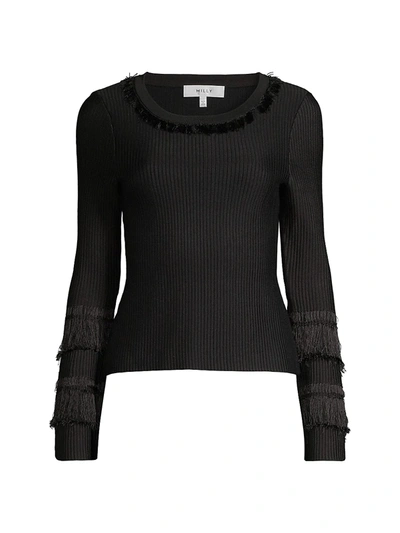 Shop Milly Women's Fringe Rib-knit Sweater In Black
