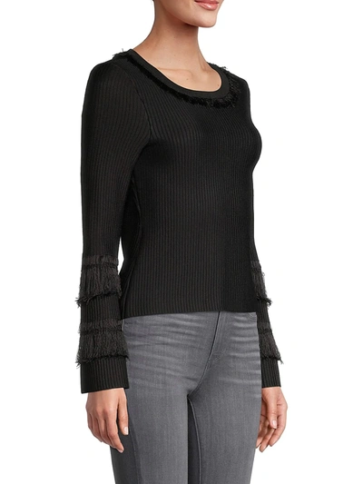 Shop Milly Women's Fringe Rib-knit Sweater In Black