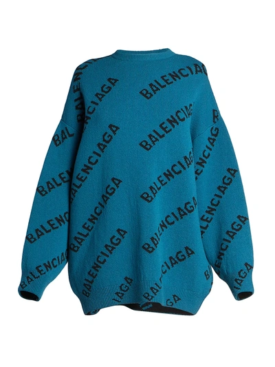 Shop Balenciaga Oversized Logo Sweater In Petrol Blue Black