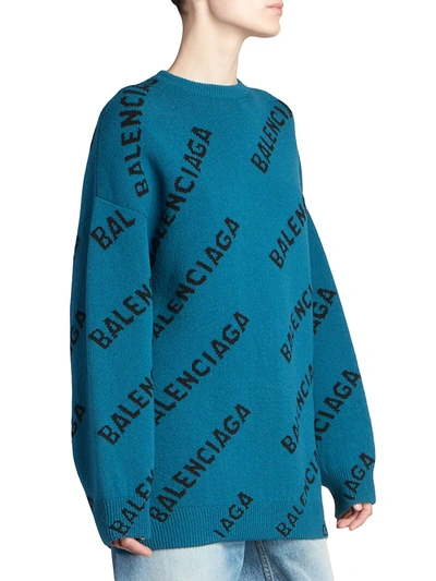 Shop Balenciaga Oversized Logo Sweater In Petrol Blue Black