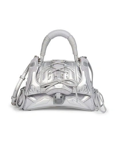 Shop Balenciaga Sneakerhead Hourglass Metallic Top Handle Bag In Grey Silver