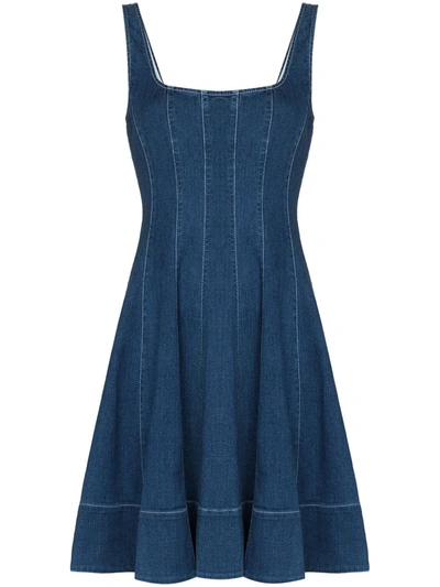Shop Staud Wells Pleated Denim Mini Dress In Blau