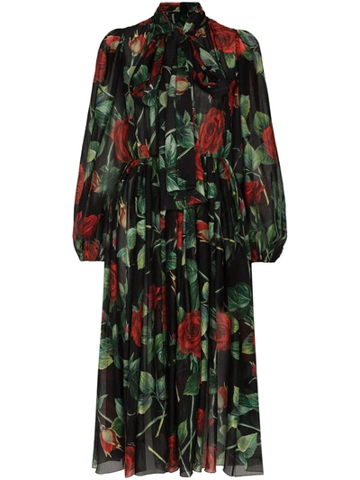 Shop Dolce & Gabbana Rose Print Flared Chiffon Dress In Schwarz