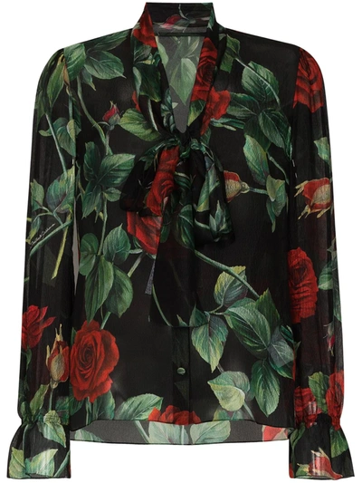 Shop Dolce & Gabbana Rose Print Pussy-bow Blouse In Black