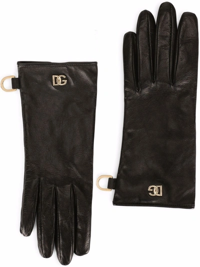 Shop Dolce & Gabbana Short Leather Logo-plaque Gloves In Schwarz