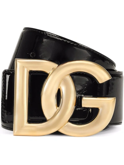 Dolce & Gabbana Patent Leather Belt With Dg Logo In Schwarz