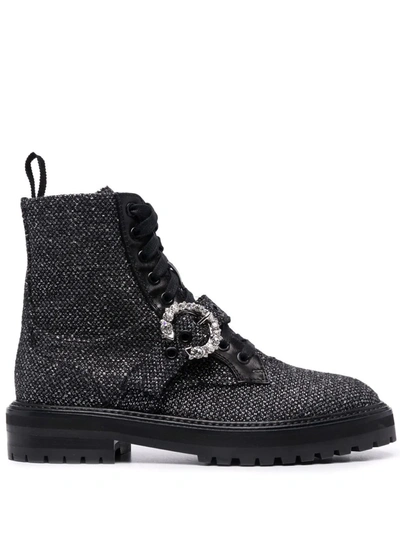 Jimmy Choo Cora Crystal-embellished Flat Combat Boots In Grey | ModeSens