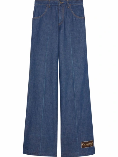 Shop Gucci High-rise Logo-patch Wide-leg Jeans In Blau