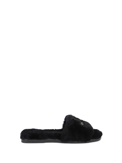 Shop Tory Burch Double T Shearling Slides In Black