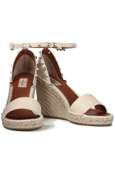 Shop Valentino Rockstud Pebbled-leather Wedge Espadrilles In Ivory