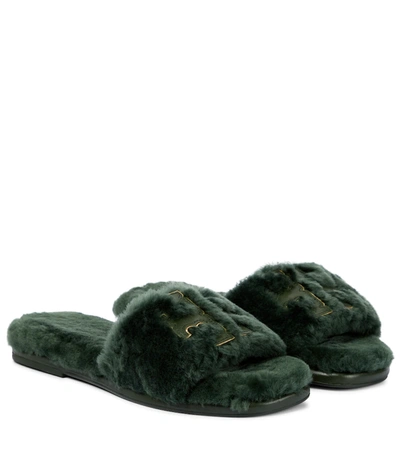 Shop Tory Burch Double T Shearling Slides In Green