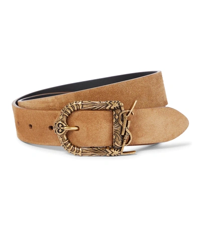 Shop Saint Laurent Suede Belt In Brown