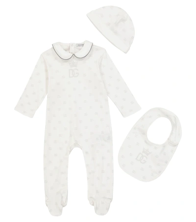 Shop Dolce & Gabbana Baby Cotton Onesie, Hat And Bib Set In White