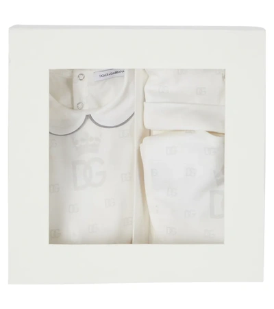 Shop Dolce & Gabbana Baby Cotton Onesie, Hat And Bib Set In White