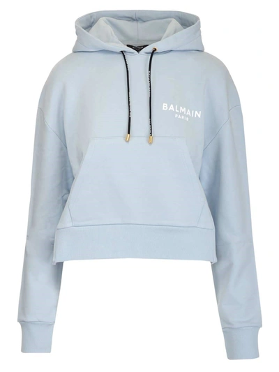 Shop Balmain Logo Printed Drawstring Hoodie In Blue