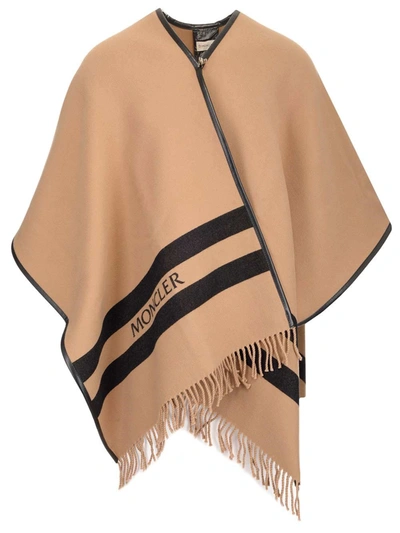Shop Moncler Logo Embroidered Frayed Edge Poncho In Beige