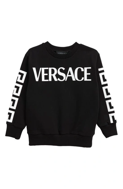 Shop Versace Kids' Greca Logo Cotton Sweatshirt In Black White