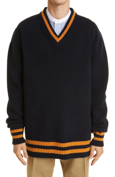 Shop Maison Margiela V-neck Wool Sweater In Navy / Orange