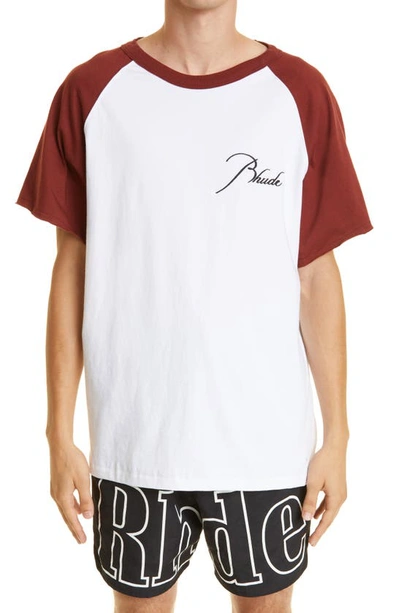 Shop Rhude Logo Raglan Cotton T-shirt In White/ Maroon