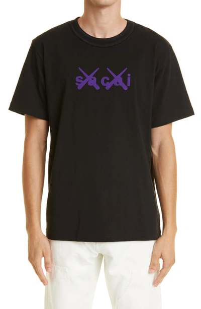 Shop Sacai X Kaws Flocked Logo Graphic Tee In Black Purple