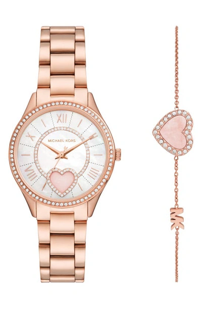 Shop Michael Michael Kors Mini Lauren Bracelet Watch & Bangle Set, 33mm In Rose Gold