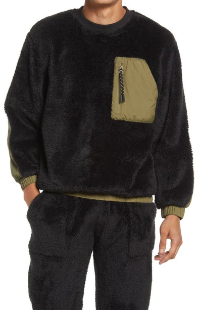 Shop Ugg Niko High Pile Fleece Crewneck Sweatshirt In Black / Olive