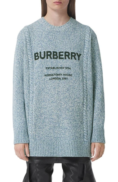 Shop Burberry Mabel  Horseferry Logo Oversize Wool & Cotton Sweater In Pale Blue