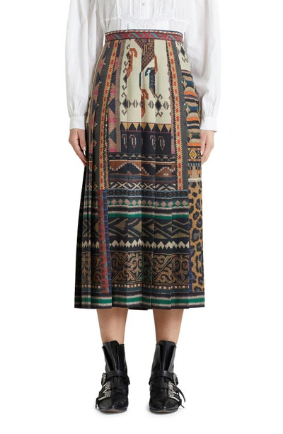 Shop Etro Santa Barbara Carpet Print Pleated Wool & Silk Midi Skirt In Beige