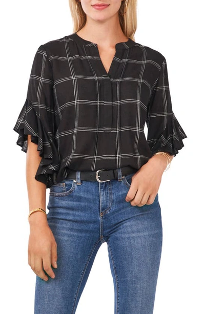 Vince Camuto Windowpane Ruffle Sleeve Popover Top In Rich Black
