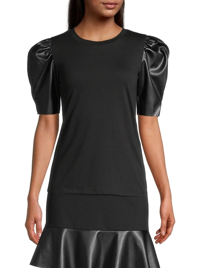 Shop Michael Michael Kors Women's Leather Puff-sleeve Top In Black