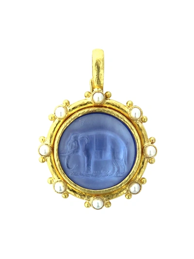 Shop Elizabeth Locke Women's Venetian Glass Intaglio 19k Yellow Gold & 3.5mm Pearl Cerulean Elephant Pendant In Blue Gold