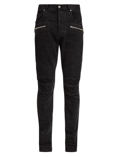 Shop Balmain Men's Ribbed Slim High-rise Jeans In Black