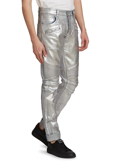 Shop Balmain Embossed Silver Logo Jeans
