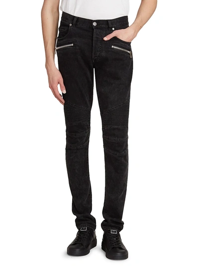 Shop Balmain Men's Ribbed Slim High-rise Jeans In Black