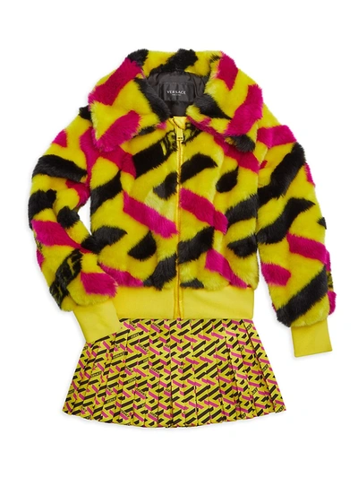 Shop Versace Little Girls & Girls Faux Fur Monogram Jacket In Yellow Black
