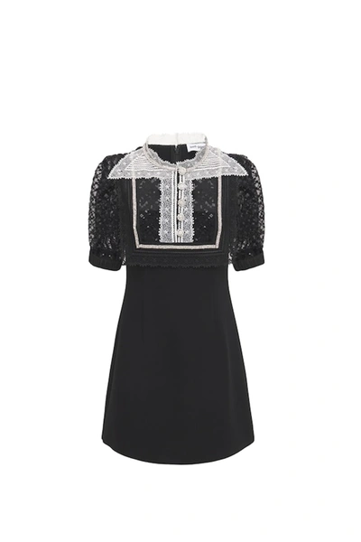 Shop Self-portrait Black Crepe Fine Lace Mini Dress