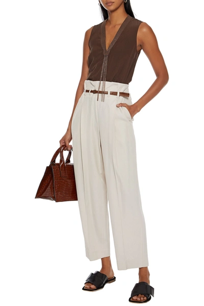 Shop Brunello Cucinelli Belted Wool And Cotton-blend Twill Wide-leg Pants In Ecru
