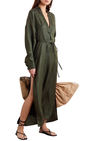 Shop Bondi Born Belted Cotton And Linen-blend Maxi Dress In Forest Green