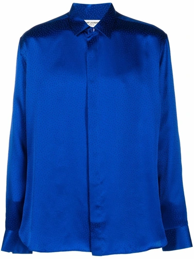 Shop Saint Laurent Dot-print Silk Shirt In Blau