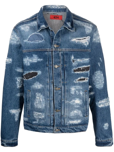Shop 424 Distressed Denim Jacket In Blau