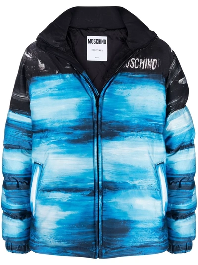 Shop Moschino Faded-effect Logo Coat In Blue