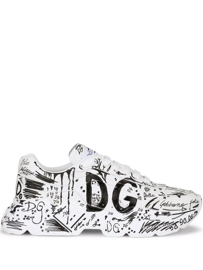 Shop Dolce & Gabbana Hand-painted Graffiti Daymaster Sneakers In Weiss