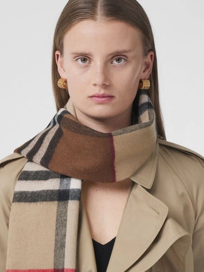 Shop Burberry Contrast Check Cashmere Scarf In Archive Beige/birch Brown