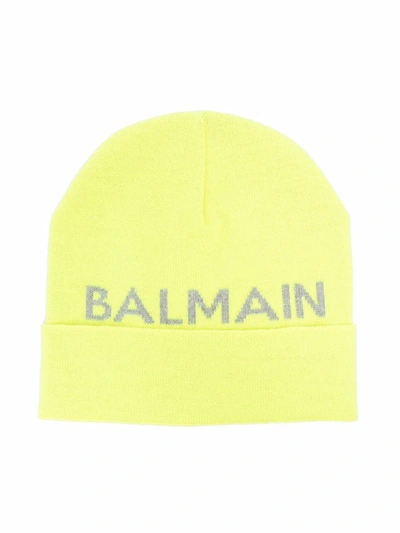 Shop Balmain Logo Intarsia Beanie In Yellow