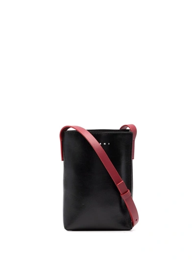 Shop Marni Logo-print Leather Shoulder Bag In Black